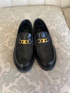 Celine Black Leather Kiltie Loafers with Gold Chain Accent